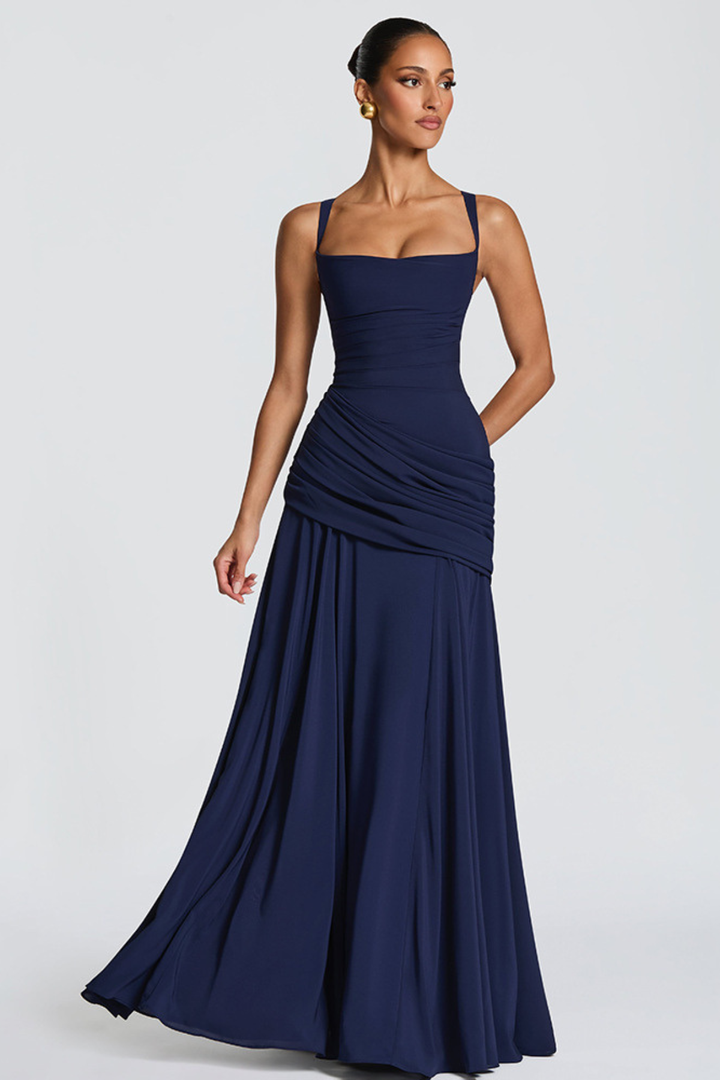 Vestido maxi para mujeres con escote cuadrado, cintura drapeada, tirantes delgados y espalda cruzada