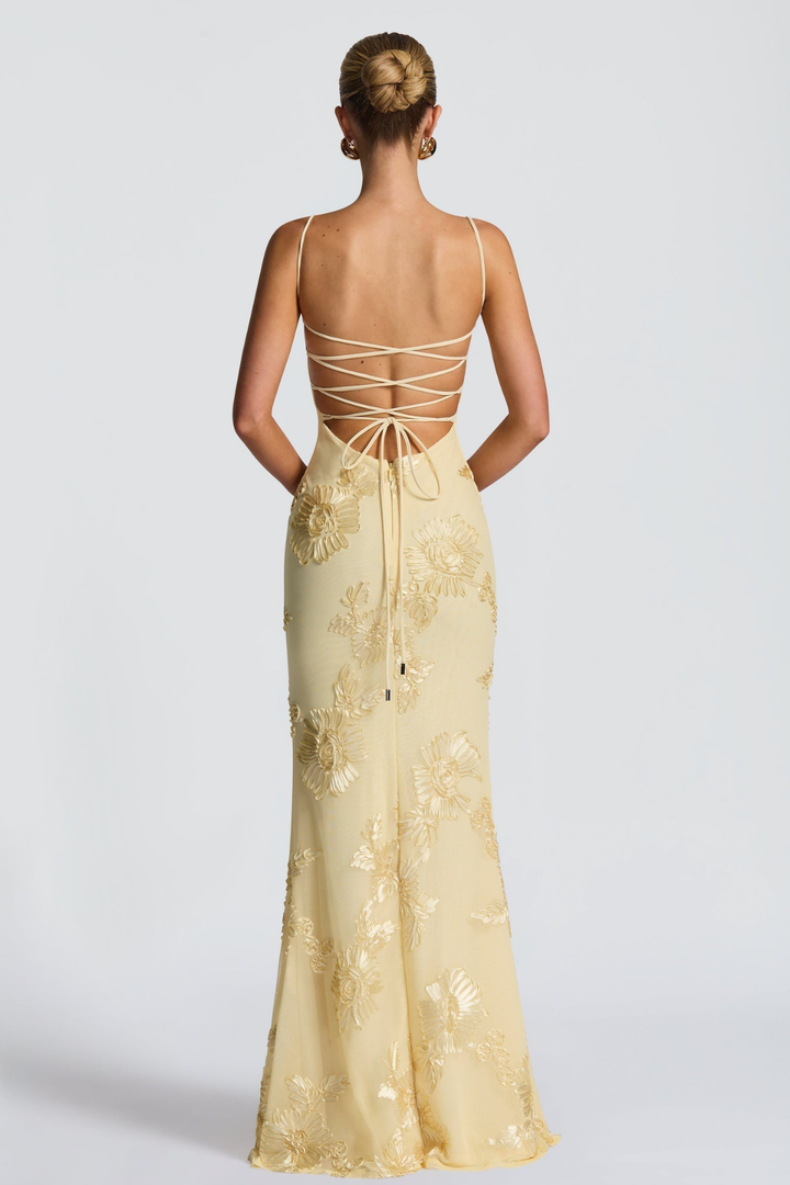 Vestido maxi para mujeres sin tirantes, espalda descubierta, con cordones y bordado floral