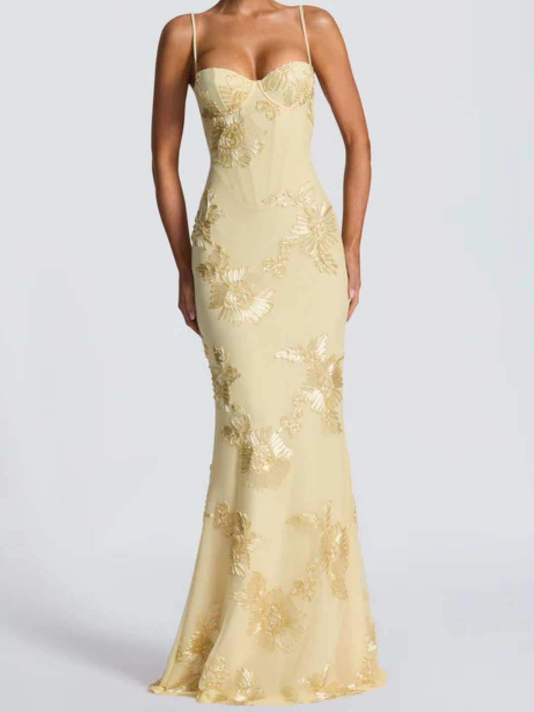 Vestido maxi amarillo pálido para mujer con top de corsé, bordado floral, corte ajustado