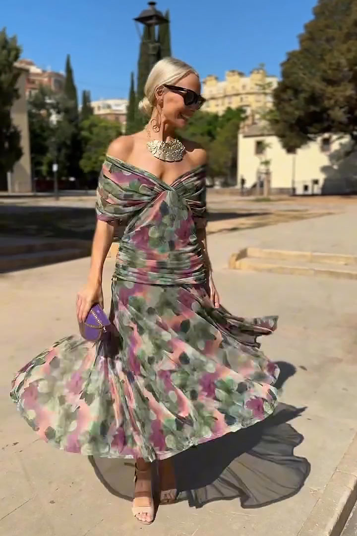 Vestido maxi para mujeres, escote en V drapeado, mangas cortas, cintura fruncida, falda fluida