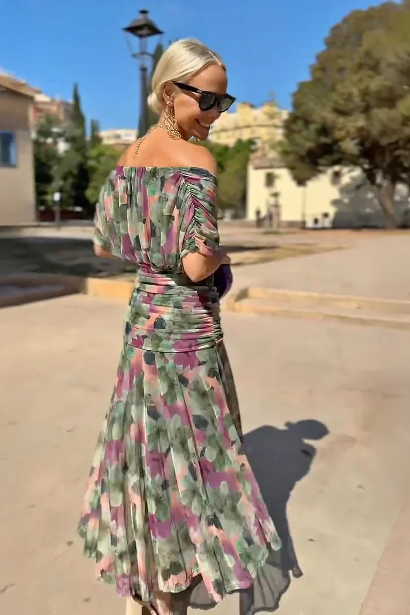 Vestido maxi para mujeres, escote en V drapeado, mangas cortas, cintura fruncida, falda fluida