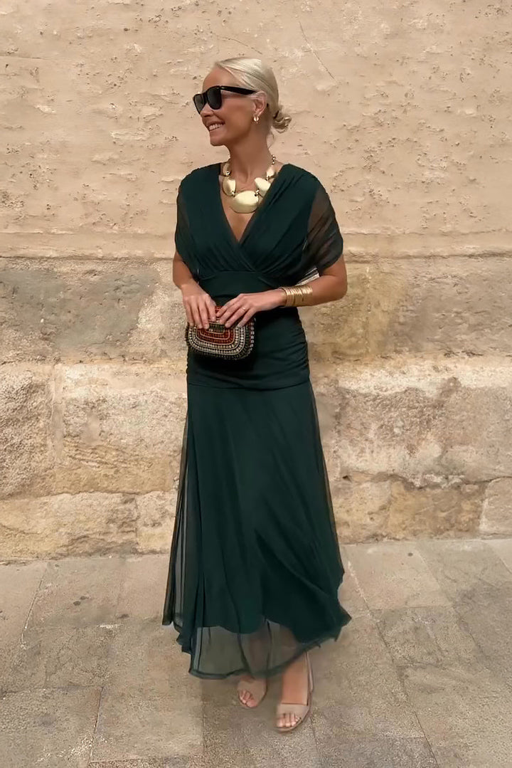Vestido maxi para mujeres con mangas drapeadas, escote estilo envolvente, cintura fruncida, multicolor
