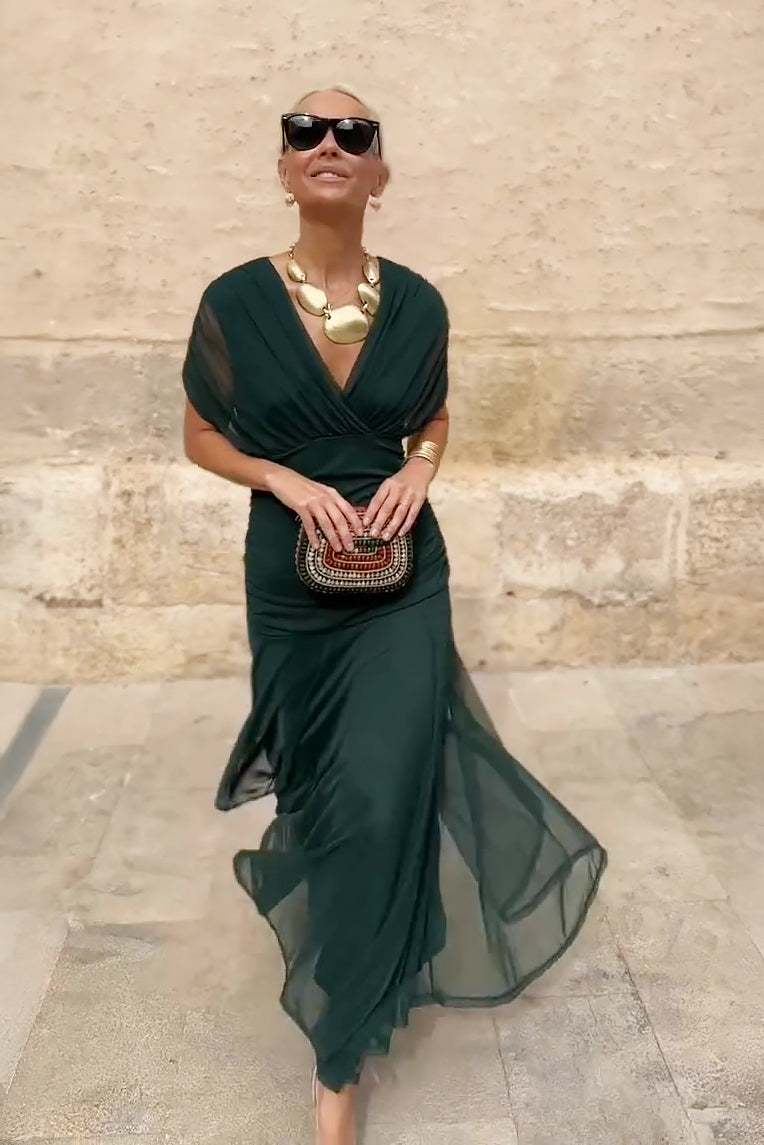 Vestido maxi para mujeres, escote en V drapeado, mangas cortas, cintura fruncida, falda fluida