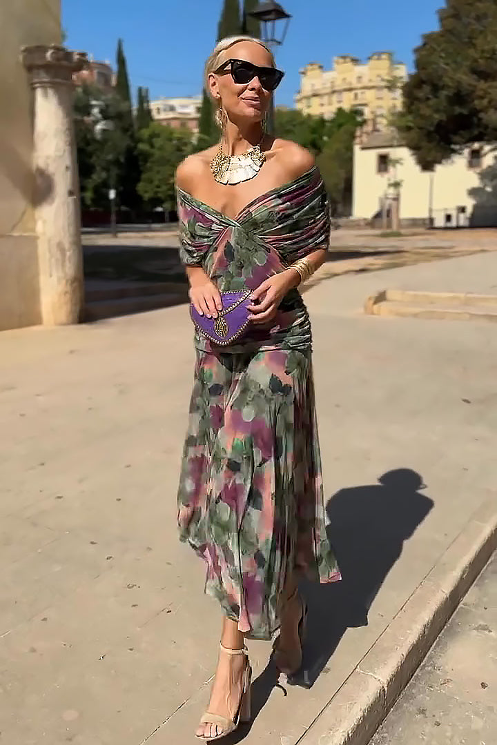 Vestido maxi para mujeres con mangas drapeadas, escote estilo envolvente, cintura fruncida, multicolor