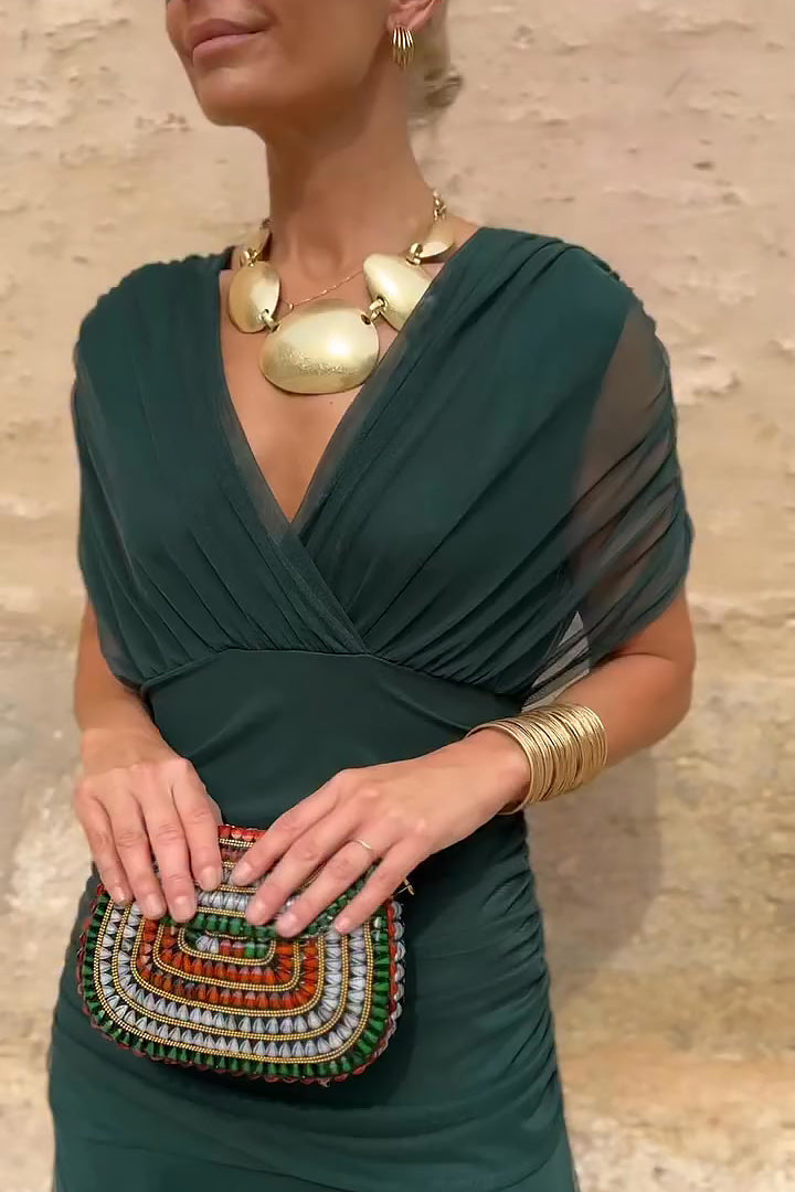 Vestido maxi para mujeres, escote en V drapeado, mangas cortas, cintura fruncida, falda fluida