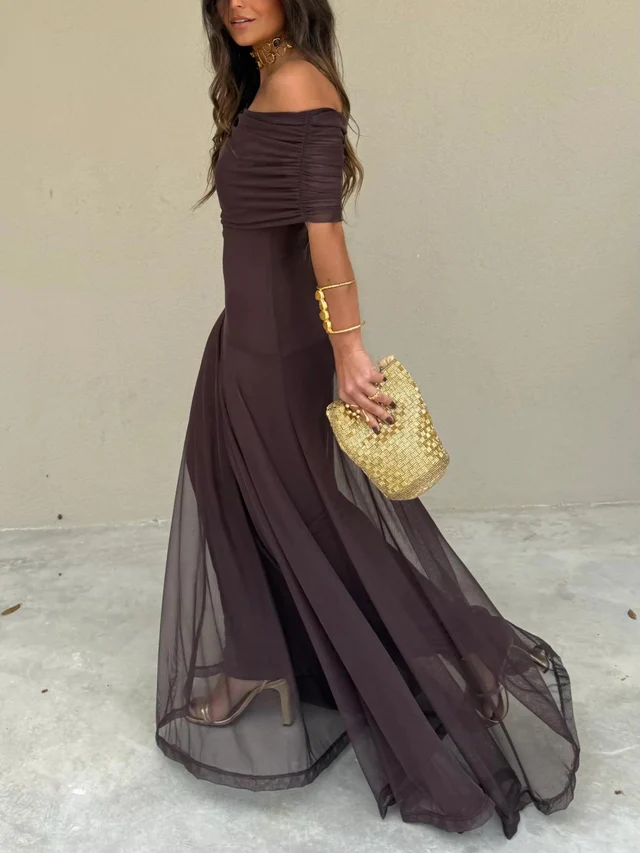 Vestido maxi para mujeres, sin hombros, con cintura imperio fruncida, falda fluida