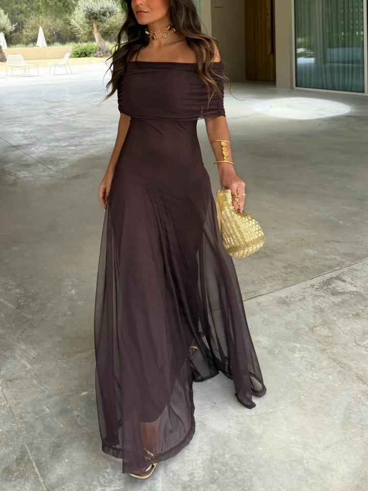 Vestido maxi para mujeres, sin hombros, con cintura imperio fruncida, falda fluida