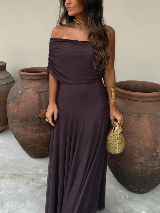 Vestido maxi para mujeres, sin hombros, con cintura imperio fruncida, falda fluida