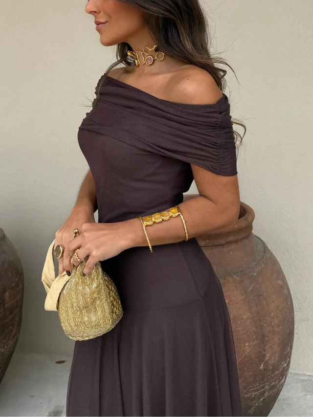 Vestido maxi para mujeres, sin hombros, con cintura imperio fruncida, falda fluida