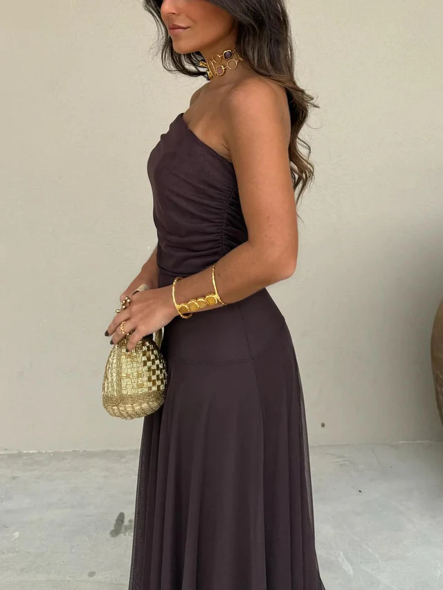 Vestido maxi para mujeres, sin hombros, con cintura imperio fruncida, falda fluida