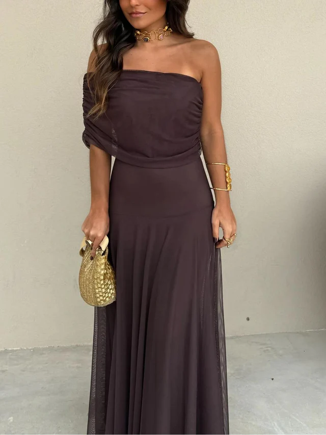 Vestido maxi para mujeres, sin hombros, con cintura imperio fruncida, falda fluida