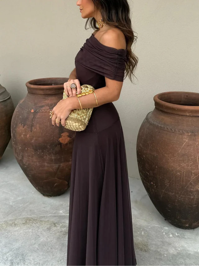 Vestido maxi para mujeres, sin hombros, con cintura imperio fruncida, falda fluida