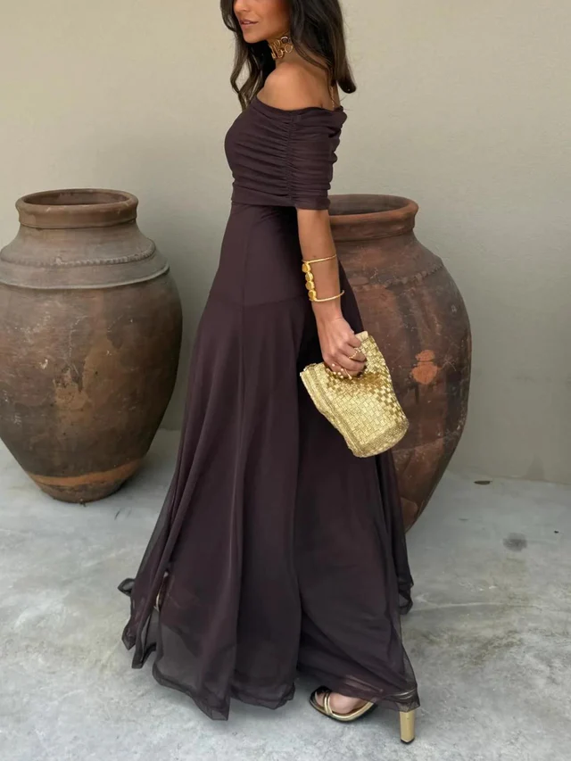 Vestido maxi para mujeres, sin hombros, con cintura imperio fruncida, falda fluida