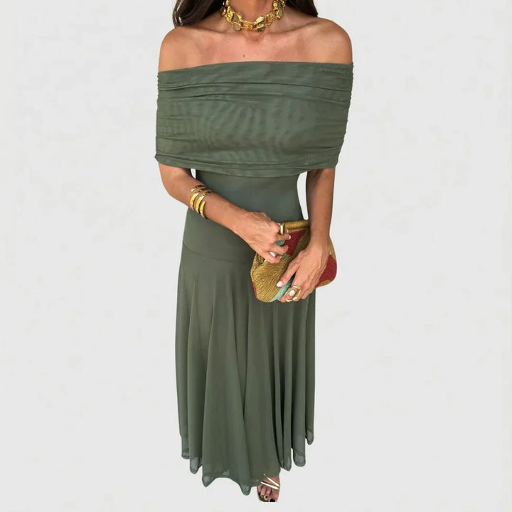 Vestido maxi para mujeres, sin hombros, con cintura imperio fruncida, falda fluida