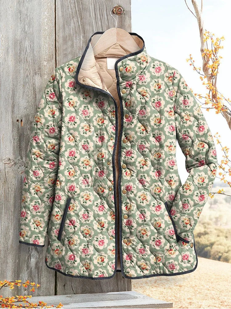 Bonito abrigo femenino vintage con flores artísticas estampadas