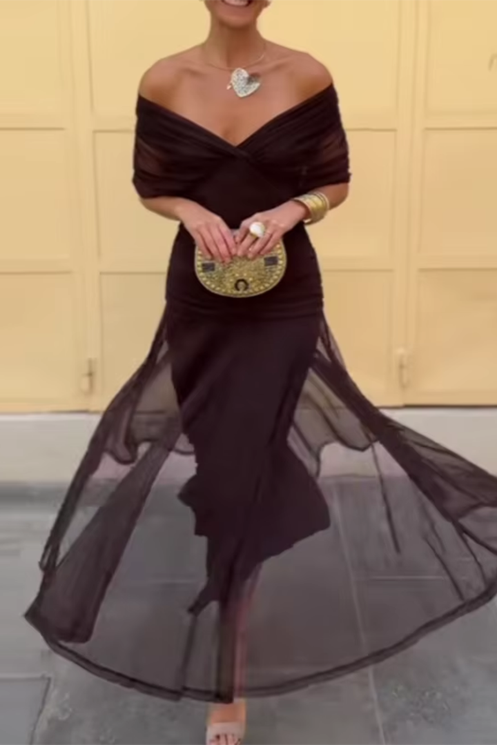 Vestido maxi para mujeres, escote en V drapeado, mangas cortas, cintura fruncida, falda fluida