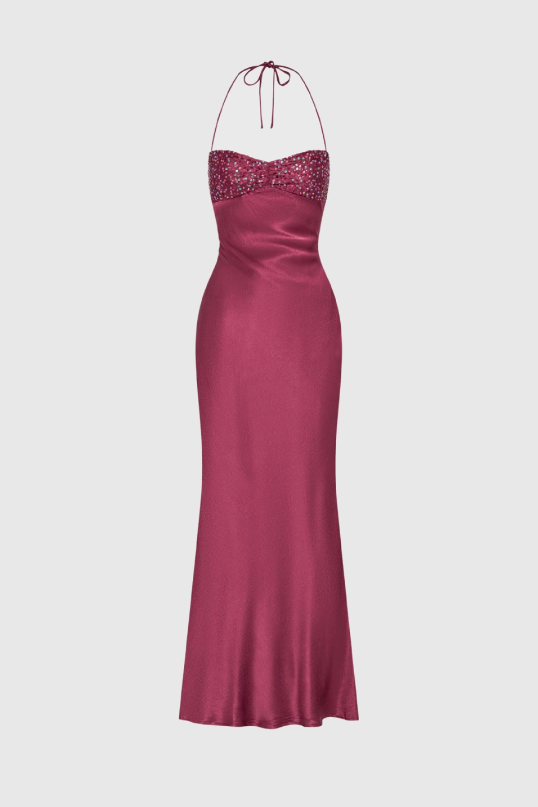 Vestido maxi de mujer con cuello halter, cuerpo adornado y espalda con cordones, corte recto