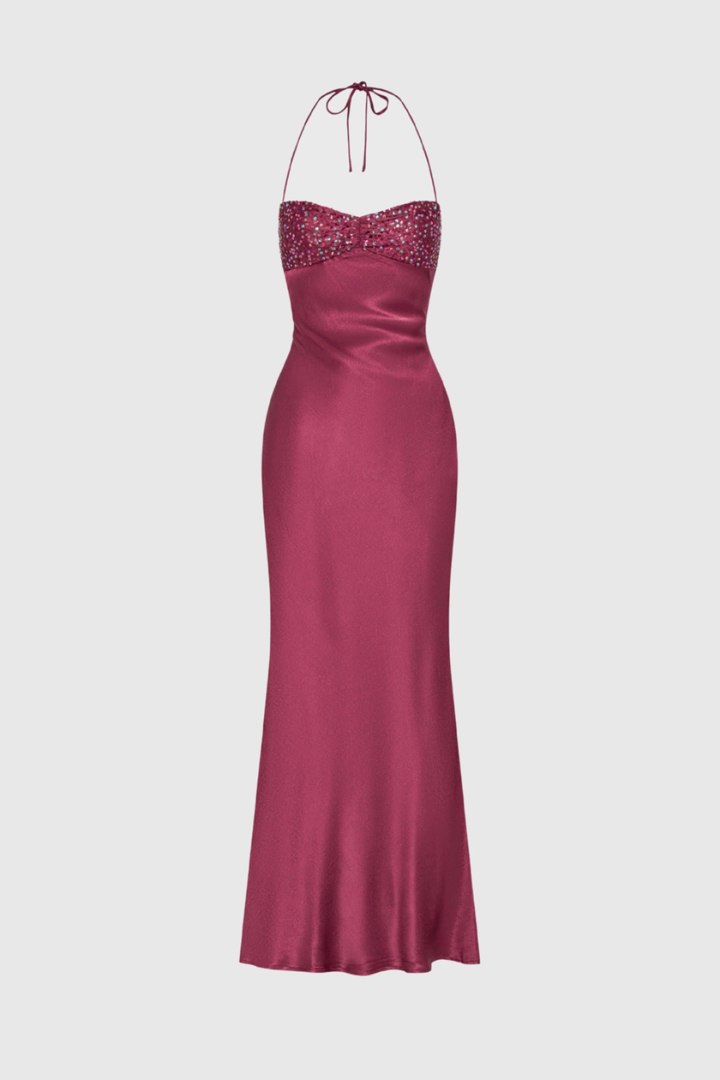Vestido maxi de mujer con cuello halter, cuerpo adornado y espalda con cordones, corte recto
