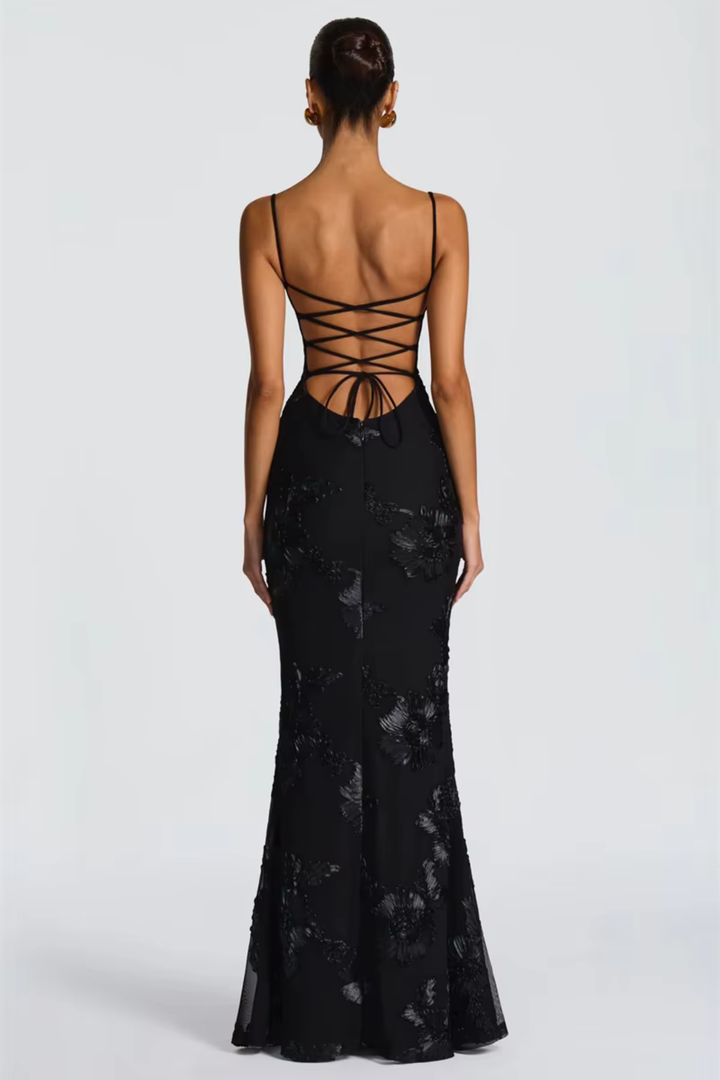 Vestido maxi para mujeres sin tirantes, espalda descubierta, con cordones y bordado floral