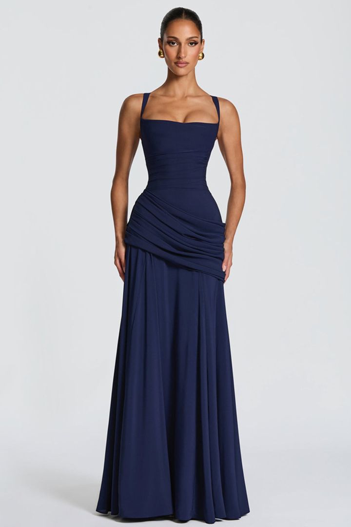 Vestido maxi para mujeres con escote cuadrado, cintura drapeada, tirantes delgados y espalda cruzada