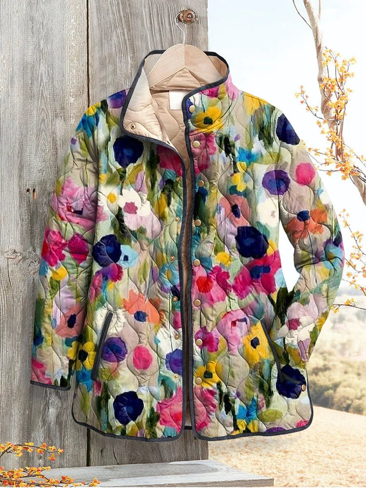Abrigo acolchado femenino vintage con flores encantadoras, de estilo casual