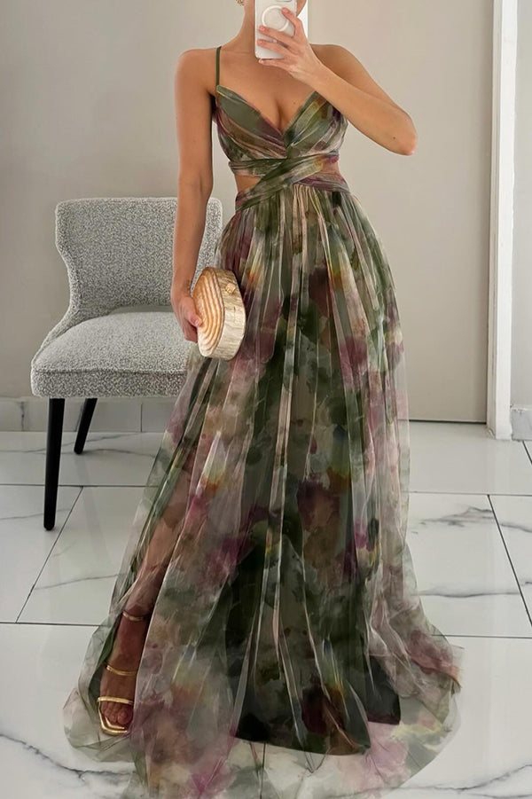 Vestido maxi para mujeres, floral, escote drapeado, tirantes finos, cintura definida