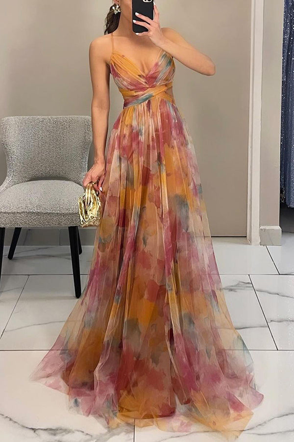 Vestido maxi para mujeres, floral, escote drapeado, tirantes finos, cintura definida