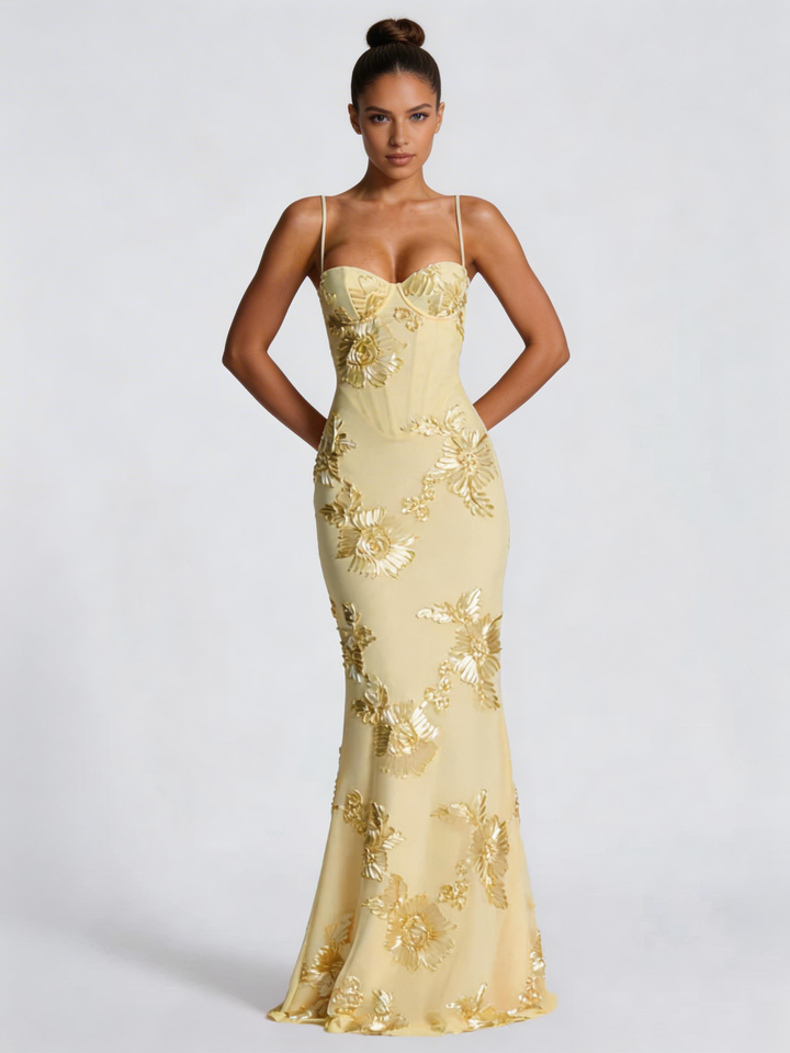Vestido maxi amarillo pálido para mujer con top de corsé, bordado floral, corte ajustado