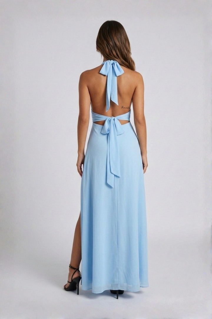 Vestido maxi de mujer con cuello halter, escote pronunciado y alta abertura con lazo en la espalda
