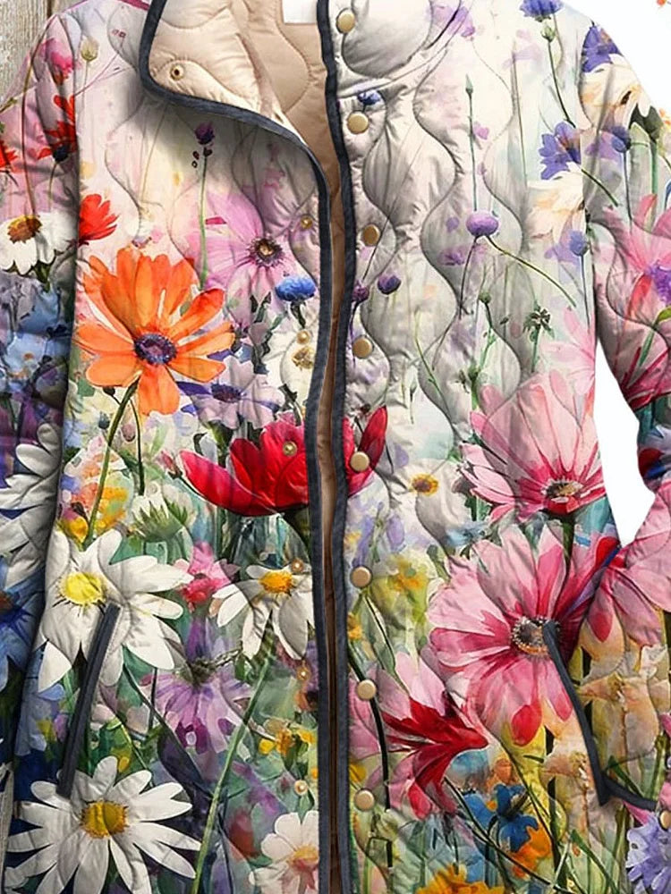 Abrigo acolchado vintage femenino con encantador estampado floral, de estilo casual