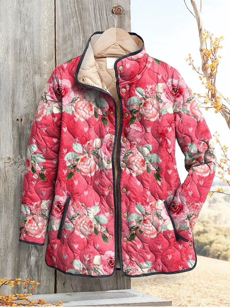 Abrigo acolchado femenino rosa con encantadoras flores estampadas, de estilo casual