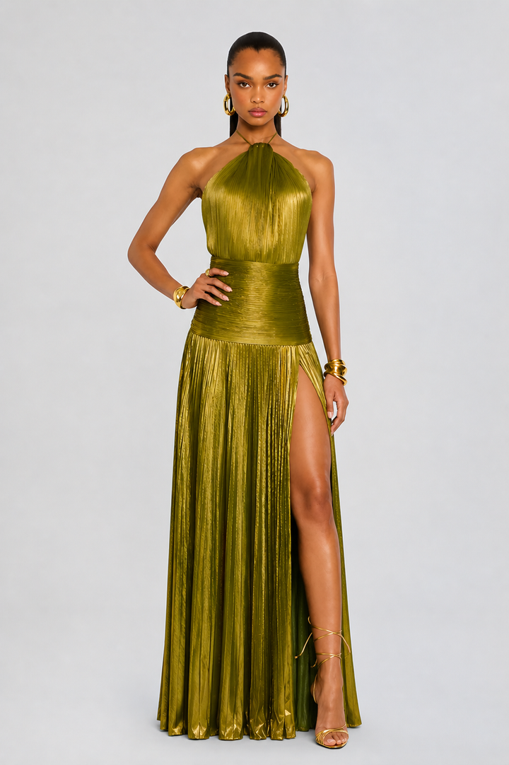 Vestido maxi para mujeres con cuello halter, plisado, abertura y sin espalda