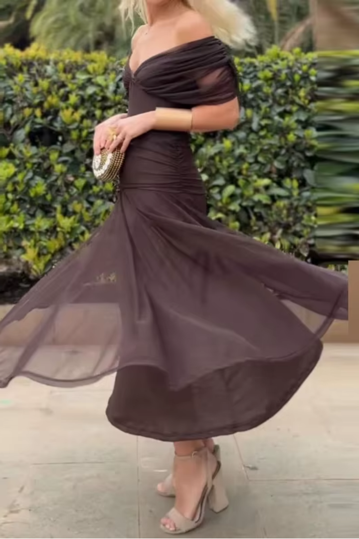 Vestido maxi para mujeres, escote en V drapeado, mangas cortas, cintura fruncida, falda fluida