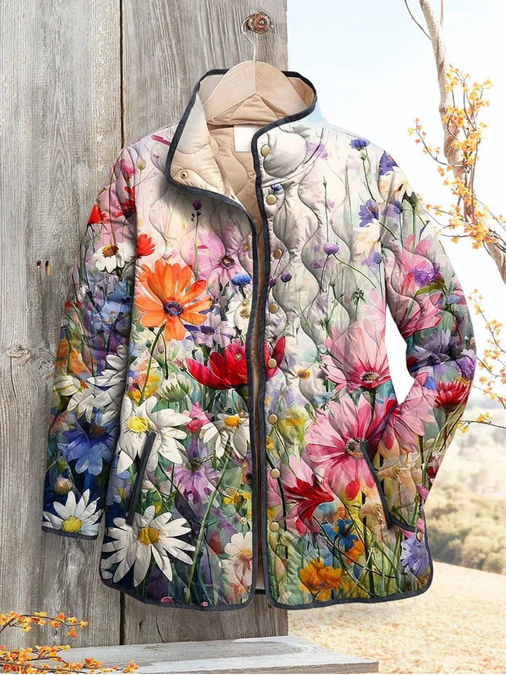 Abrigo acolchado vintage femenino con encantador estampado floral, de estilo casual