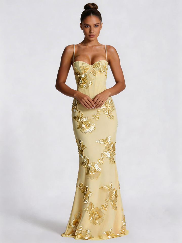 Vestido maxi amarillo pálido para mujer con top de corsé, bordado floral, corte ajustado