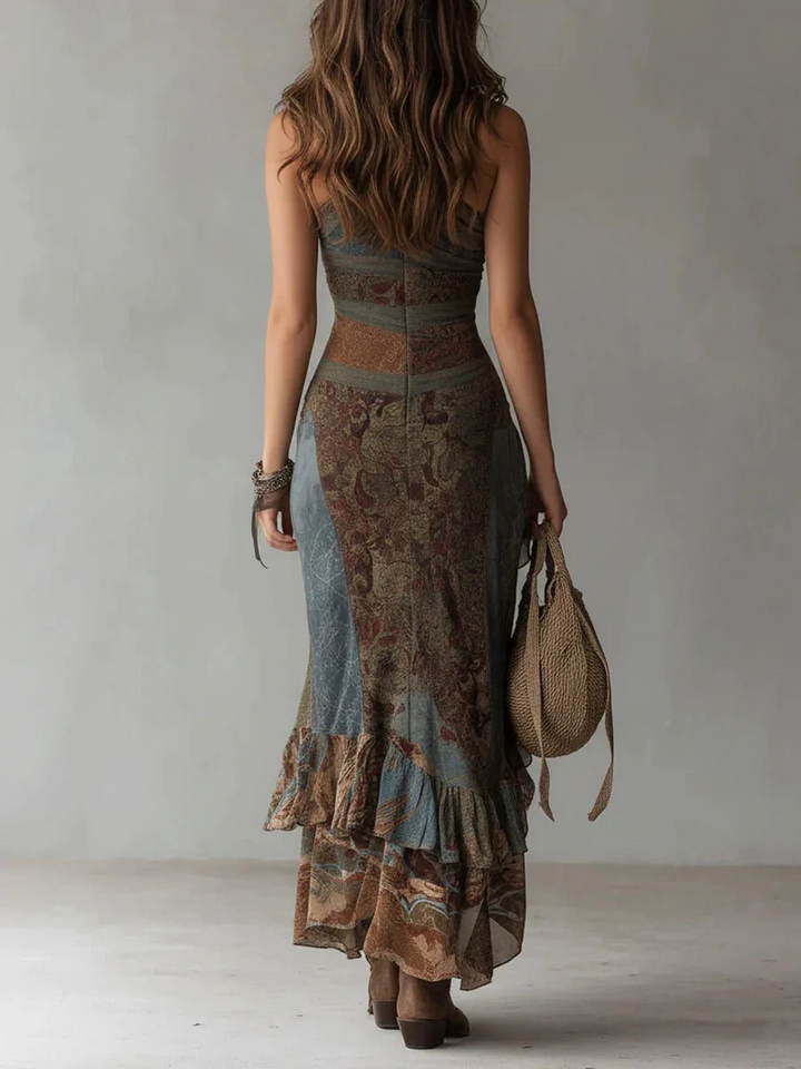 Vestido maxi para mujeres, multicolor, hombro al descubierto, asimétrico, con abertura volante