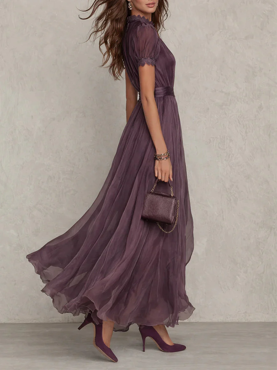 Vestido maxi para mujeres, ciruela, cuello alto, mangas abullonadas, plisado
