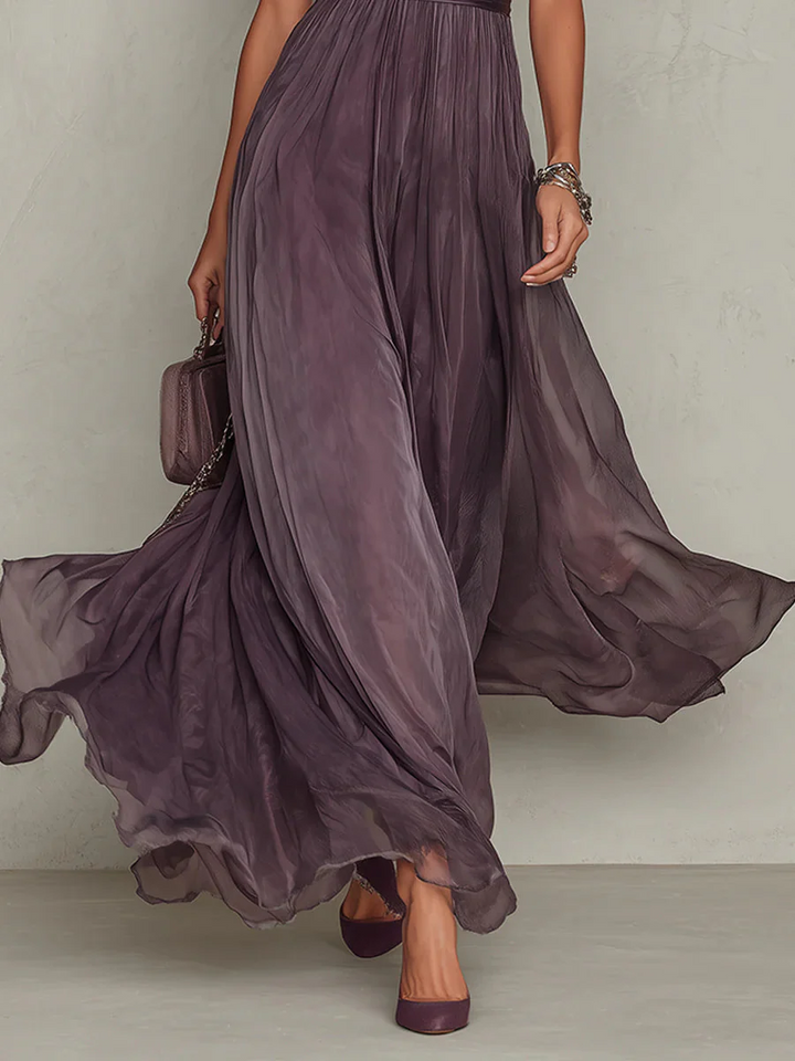 Vestido maxi para mujeres, ciruela, cuello alto, mangas abullonadas, plisado