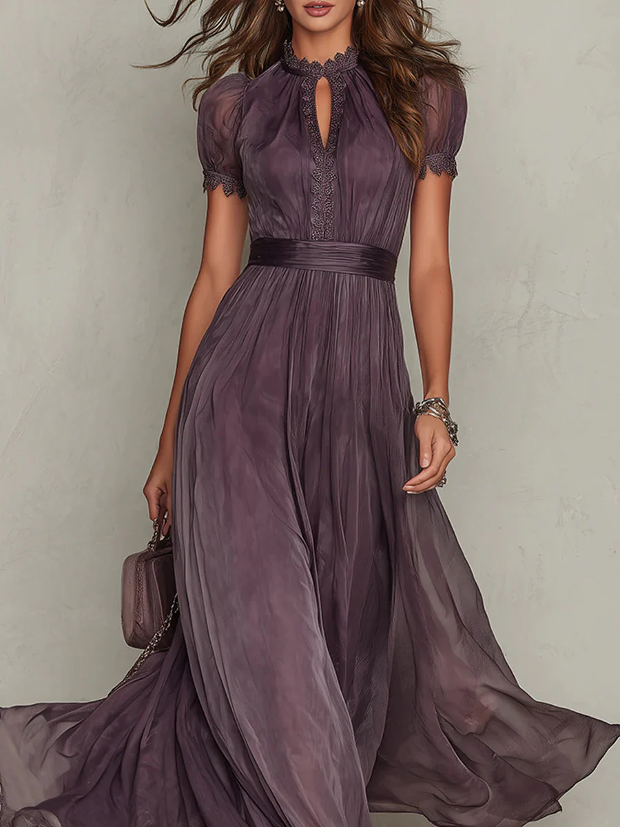 Vestido maxi para mujeres, ciruela, cuello alto, mangas abullonadas, plisado