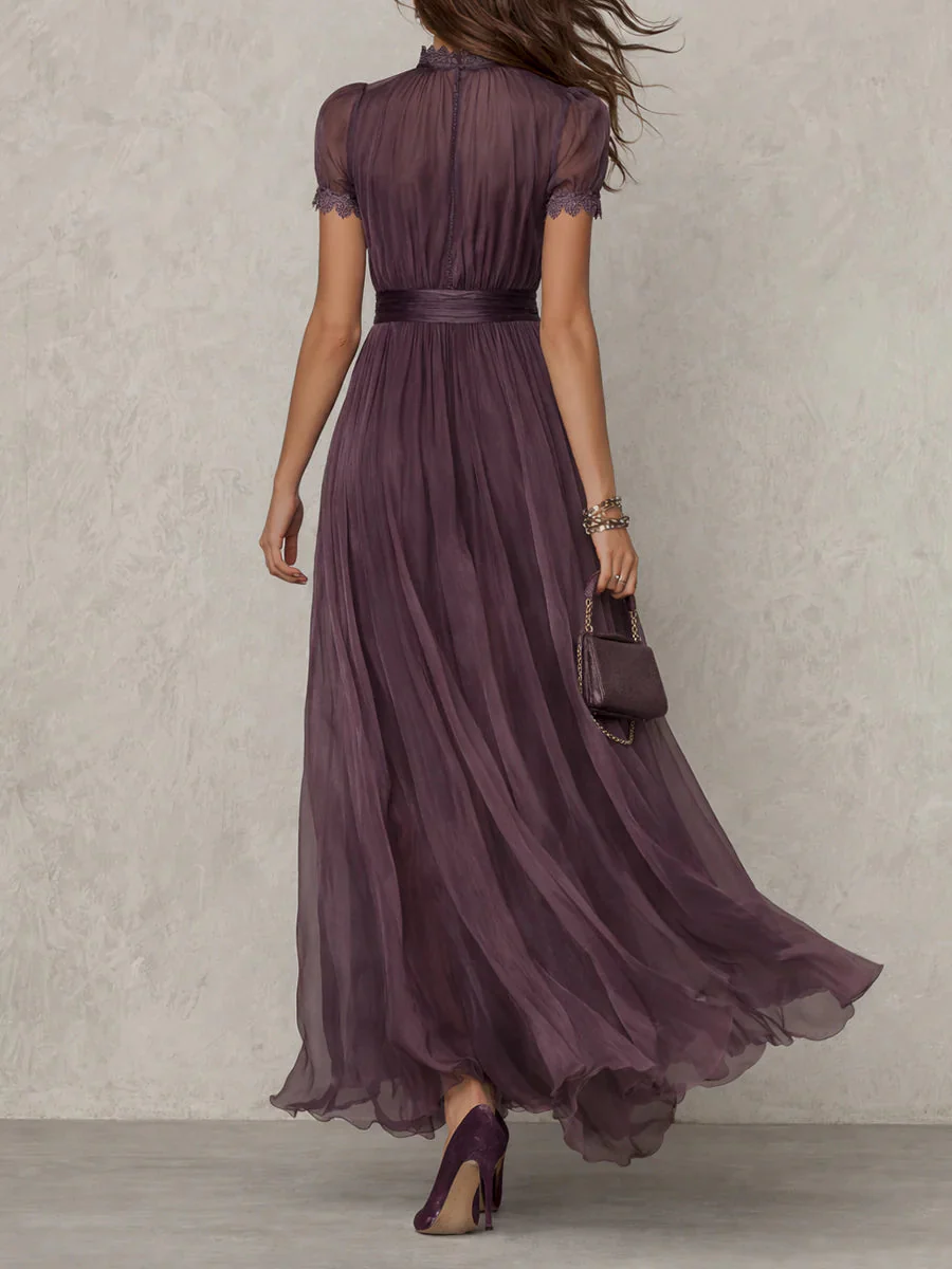 Vestido maxi para mujeres, ciruela, cuello alto, mangas abullonadas, plisado