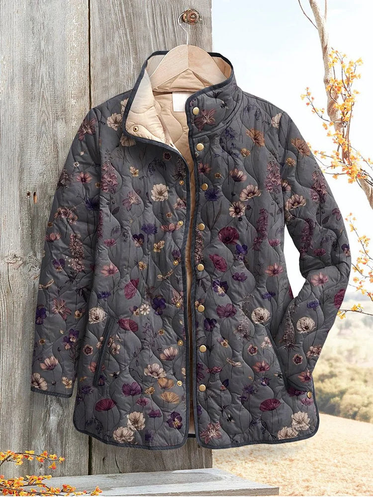 Abrigo acolchado femenino retro con estampado floral, de estilo casual