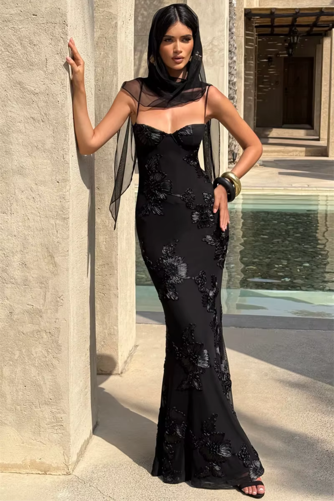 Vestido maxi para mujeres sin tirantes, espalda descubierta, con cordones y bordado floral