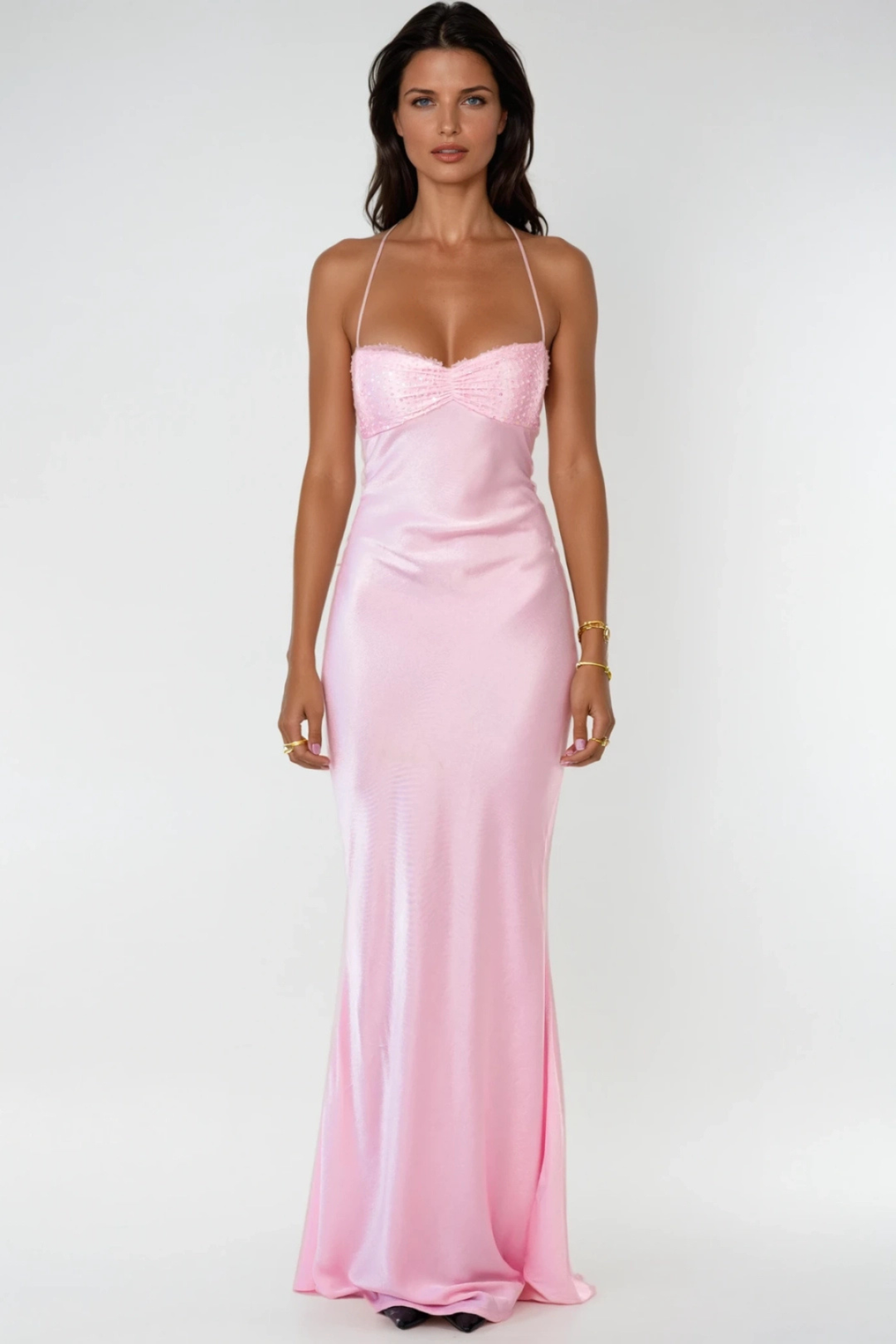 Vestido maxi de mujer con cuello halter, cuerpo adornado y espalda con cordones, corte recto