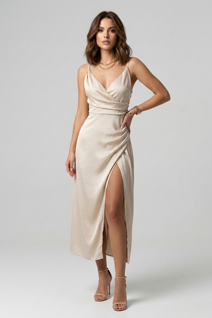 Vestido maxi de mujer con escote en V, tirantes finos, cintura estilo envolvente, abertura