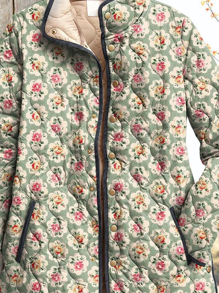 Bonito abrigo femenino vintage con flores artísticas estampadas