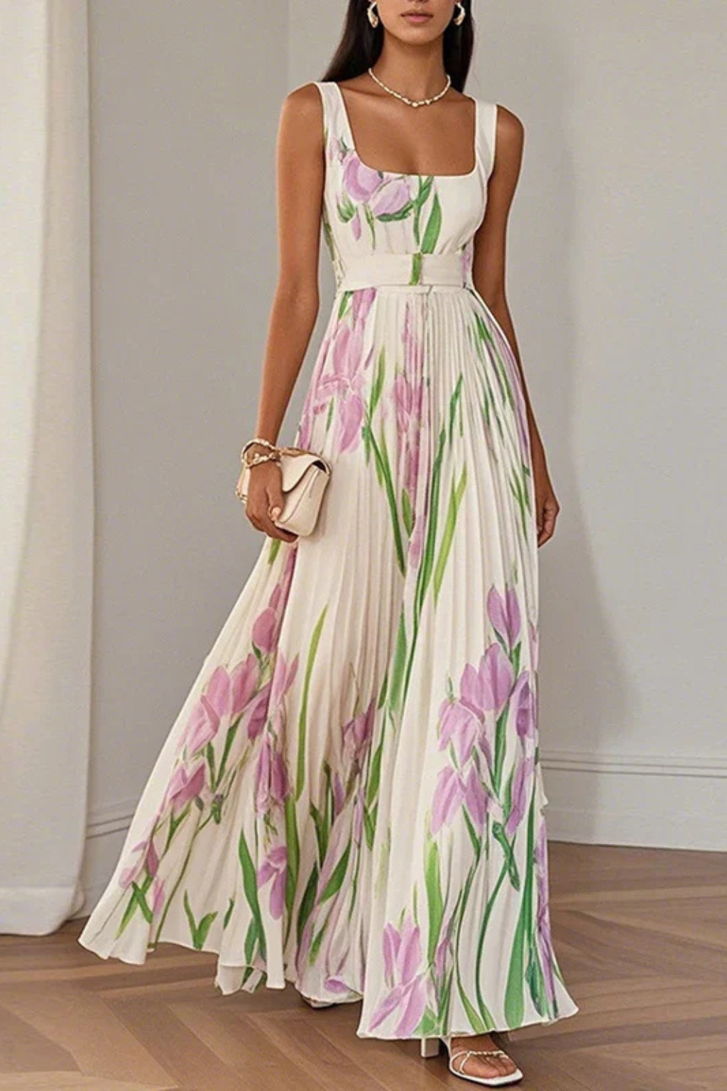 Vestido maxi para mujeres, multicolor, escote cuadrado, plisado floral, sin mangas