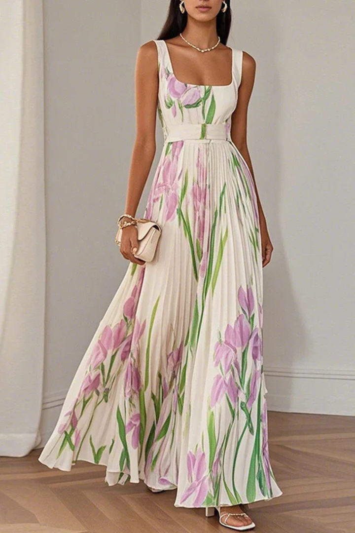 Vestido maxi para mujeres, multicolor, escote cuadrado, plisado floral, sin mangas