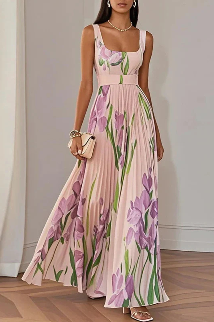 Vestido maxi para mujeres, multicolor, escote cuadrado, plisado floral, sin mangas