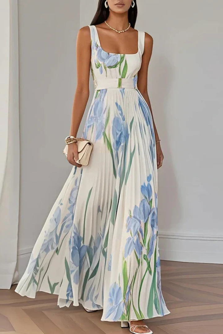 Vestido maxi para mujeres, multicolor, escote cuadrado, plisado floral, sin mangas