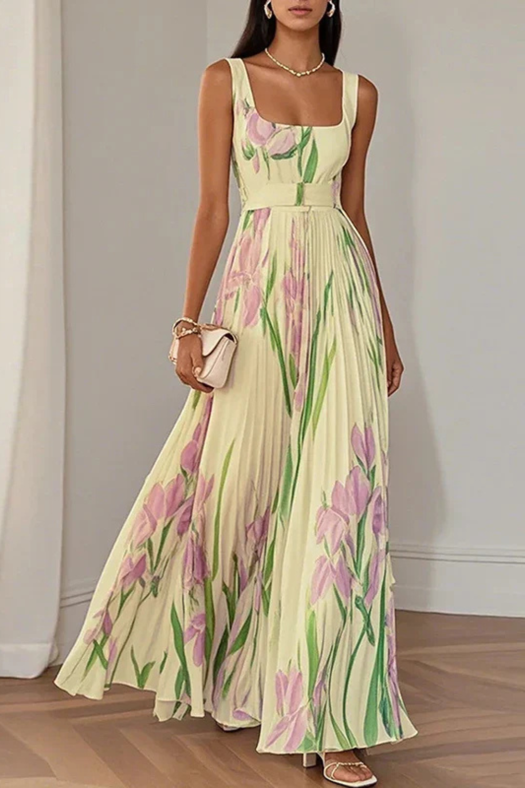 Vestido maxi para mujeres, multicolor, escote cuadrado, plisado floral, sin mangas